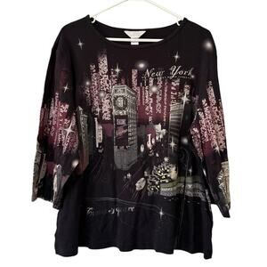 CJ Banks Women Size 1X Graphic City Print 3/4 Sleeves Cotton Embellished Classic